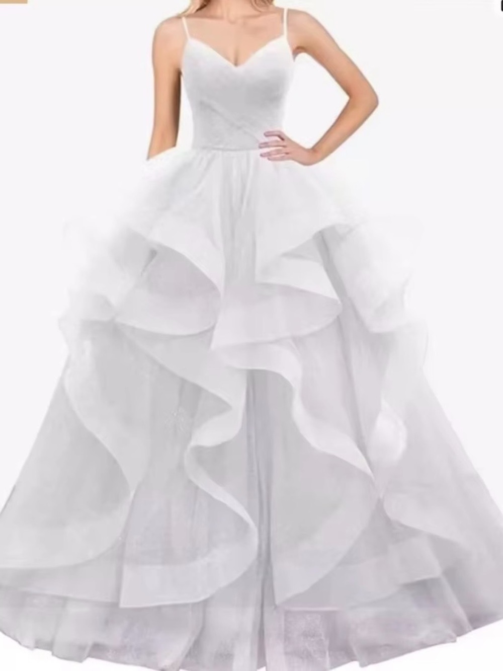 White Ruffled Spaghetti Strap Ball Gown Dress
